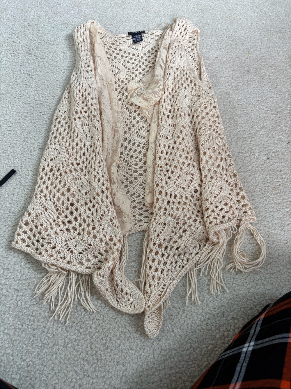 Rue21 Cream Crochet Fringe Open-Front Shrug